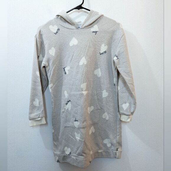 Old Navy Light Gray Long Sleeve Hooded Dress with White Hearts Girls Large 10-12 - Picture 1 of 10